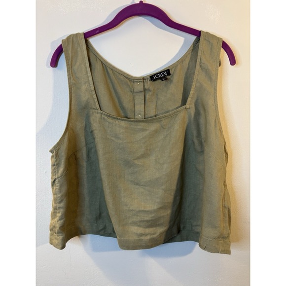 J.CREW Tops - J CREW Olive Green Linen Square Neck Top L Back Buttons